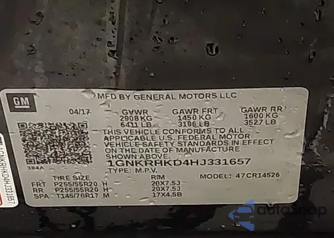 2017 Chevrolet Traverse 2Lt from USA, damaged, VIN 1GNKRHKD4HJ331657